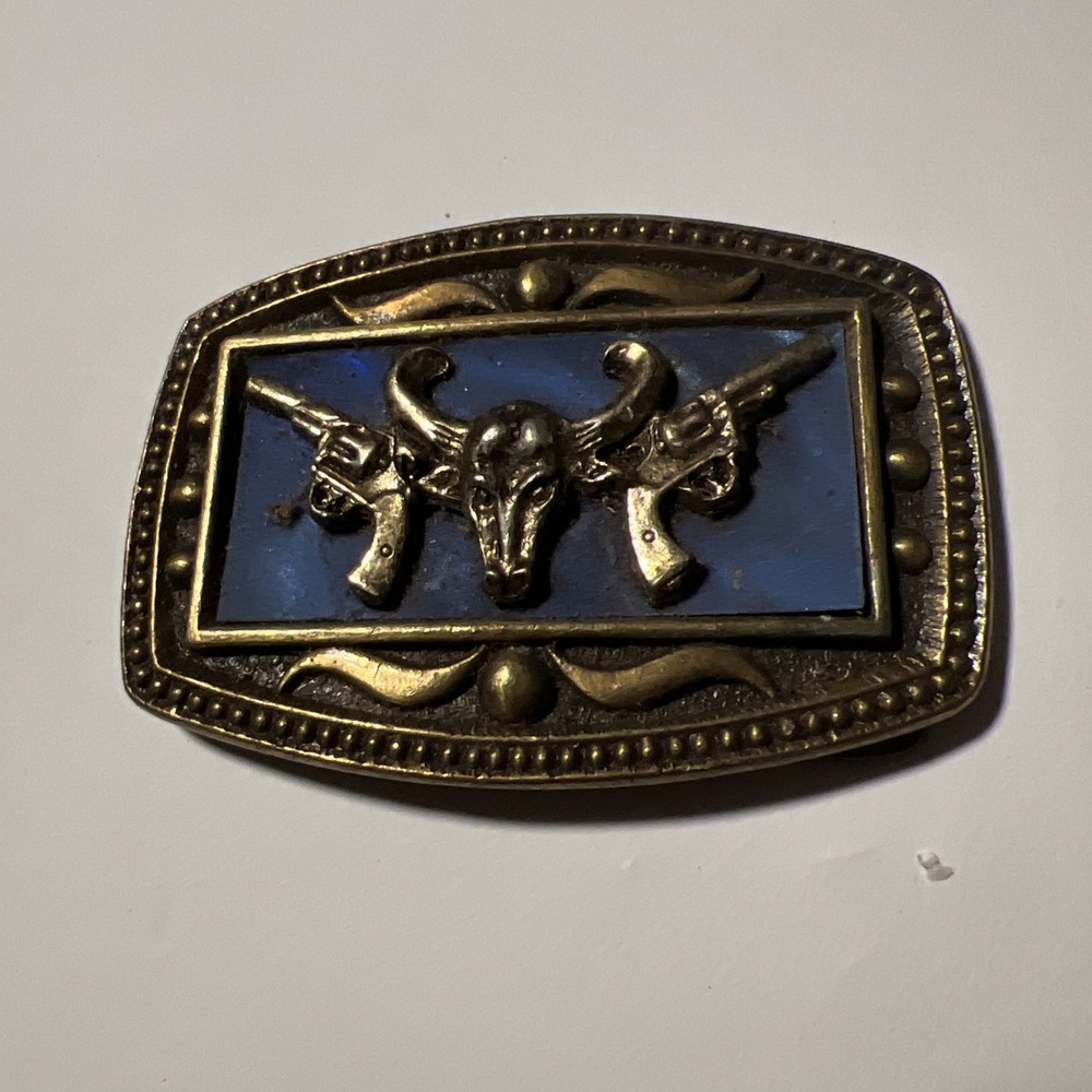 VTG Longhorn Bull Steer Two Pistols Six Shooter Western Cowboy Belt Buckle